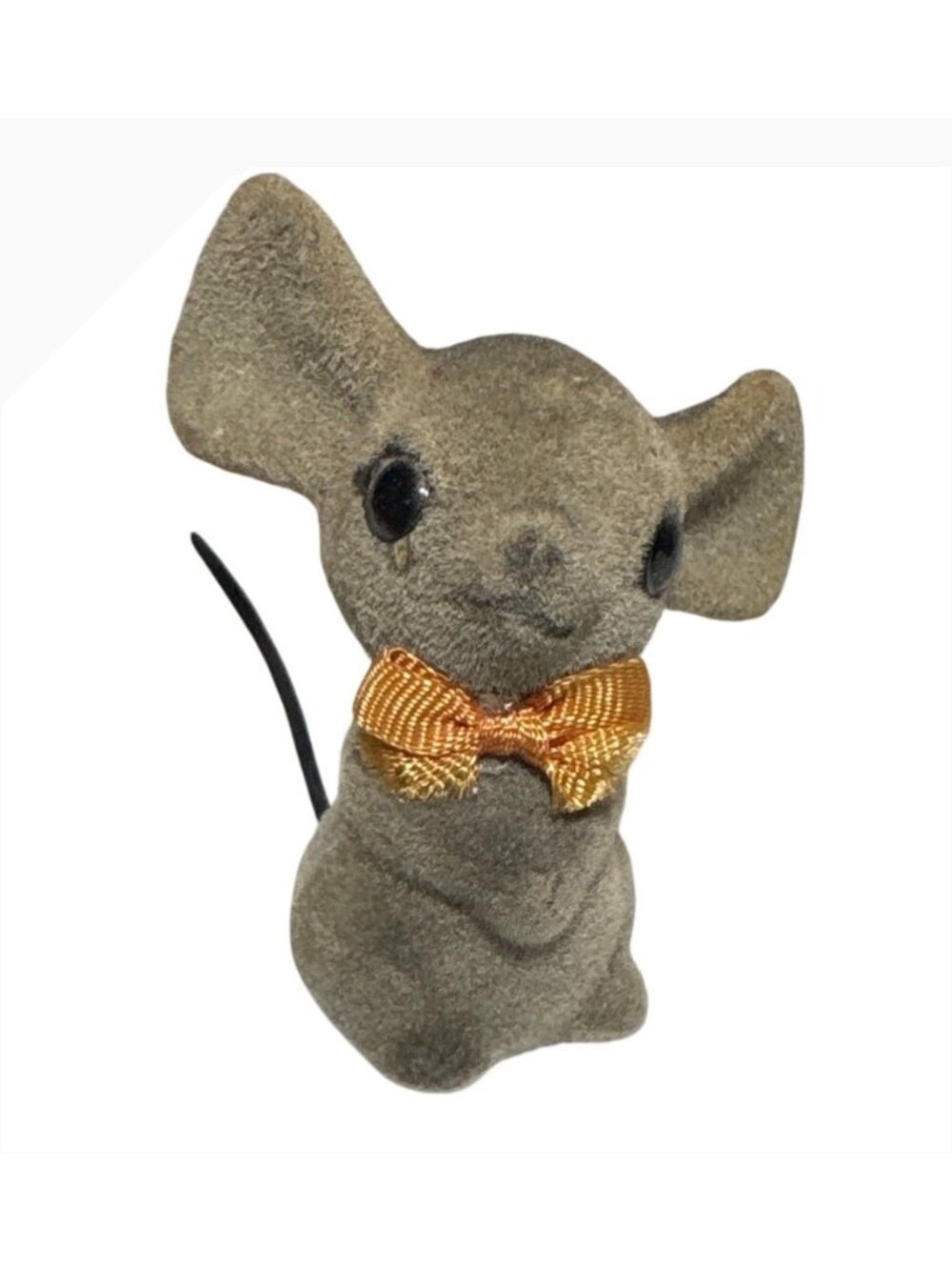 Flocked Mouse Figurine With Orange Bow Tie 2 Inches TallVintage Miniature